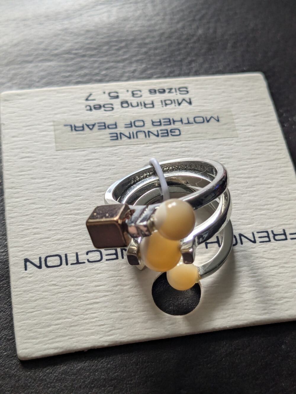 FRENCH CONNECTION Silver Midi Ring Genuine Mother of Pearl Set 3,5,7